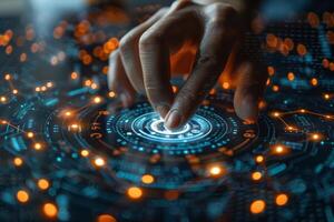 A person is interacting with a hightech screen using their finger photo