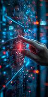 A hand is pointing at a red padlock displayed on a computer screen photo