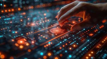Close up of a persons hand pressing button on computer screen photo