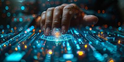 A persons hand pressing a button on a computer screen photo