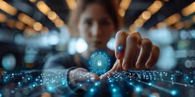 A woman presses a button on a futuristic electric blue screen with a gesture photo
