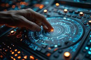 In the image, a hand is seen pressing a button on an advanced futuristic device photo