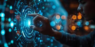 A man is using his finger to interact with a futuristic touch screen photo