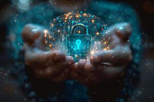 A person is seen holding a digital padlock in their hands photo