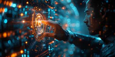 A man is pressing a button on a screen with a futuristic design photo