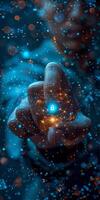 Person holds small blue object, which may resemble liquid or space item photo