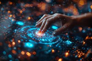 A person is using their hand to press a button on a hightech display screen photo