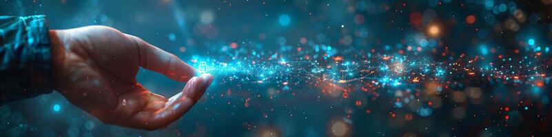 A hand is extended, connecting with a vivid network of illuminating data particles photo