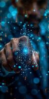 A man is seen using his finger to interact with a digital screen photo