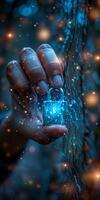 A person is holding a blue padlock in their hand near a body of water photo