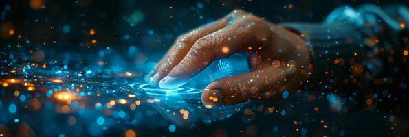 A person is seen touching a digital screen close up photo