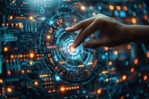 Hand presses button on futuristic screen with urban design in electric blue photo