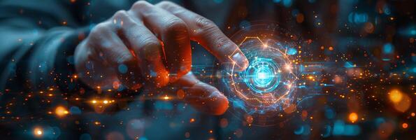 A person is using their finger to interact with a futuristic screen photo