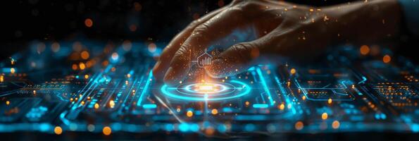 A hand is seen pressing a button on a hightech computer display photo