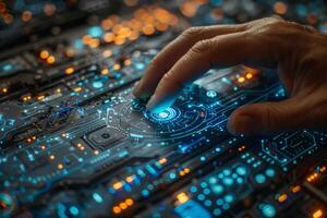 Closeup of a hand pressing a button on a motherboard photo
