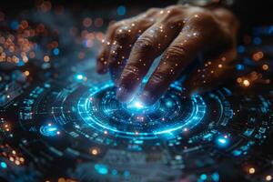 A person pressing a button on a futuristic screen photo