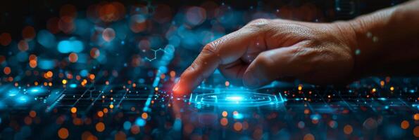 Hand presses button on futuristic screen, engaging with technology photo