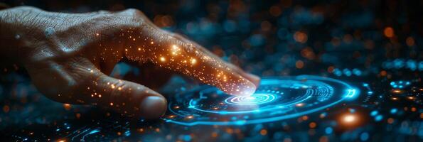 A close up of a hand interacting with a modern touch screen device photo