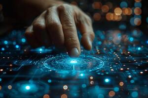 A person pressing a button on a futuristic screen photo