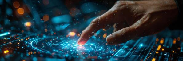Touchscreen Interface Technology - Hand Interacting with Futuristic Digital Display photo