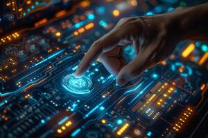 A hand is interacting with a button on a modern computer display photo