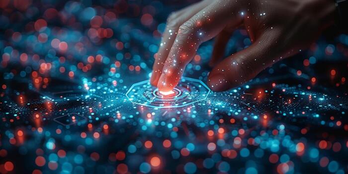 A detailed view of someones hand making contact with a digital display screen photo