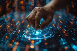 A hand is interacting with a hightech display, pressing a button photo