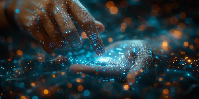 In the image, a person is seen holding a glowing object in their hands photo