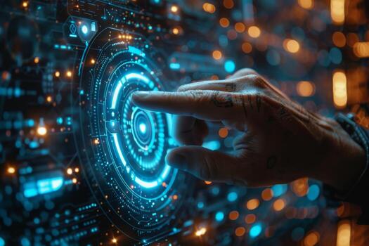 A person is interacting with a futuristic touchscreen using their finger photo