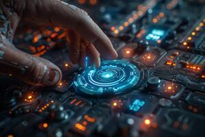 In the image, a person is activating a button on a modern motherboard photo