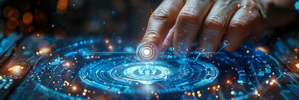 A person is using their finger to interact with a futuristic screen photo