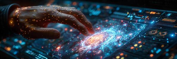 On a futuristic screen, a hand is seen pressing a button photo