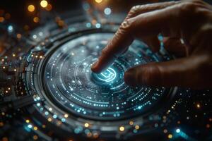 A person is using their finger to interact with a hightech touchscreen photo
