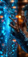 In a city with blue lights, a man uses a hightech touch screen to showcase futuristic technology photo