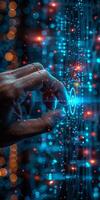 Hand pressing button on hightech screen with futuristic graphics photo