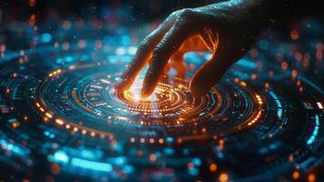 On a futuristic screen, a hand is pushing a button photo