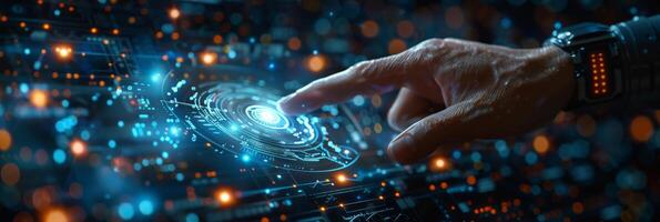 Hand interacts with button on futuristic hightech screen photo