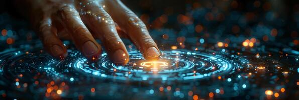 A hand is pressing a button on a screen with a futuristic design photo