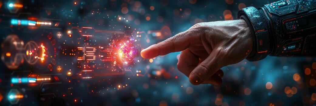 Hand pointing at digital screen with electric blue font and lens flare photo