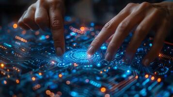 Hands pointing at a circuit board with technology and electronics keywords photo