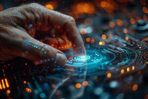 Hand presses button on modern screen in futuristic setting photo