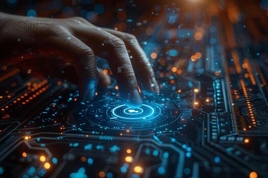 On a futuristic motherboard, a hand is pressing a button photo