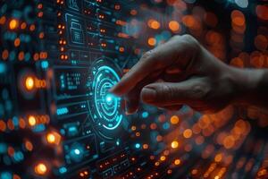 A hand is engaging with a button interface on a futuristic display photo