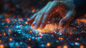 A persons hand touching a digital surface in closeup view photo