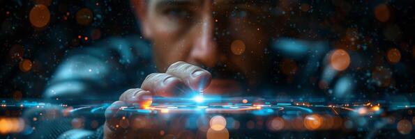 A man is interacting with a button on a sophisticated digital display photo