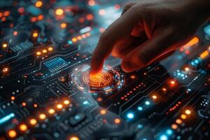 A hand is pointing at a button on a motherboards circuit component photo