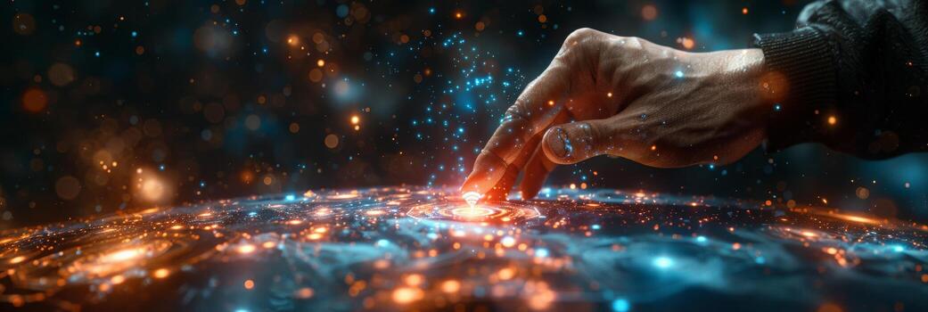 A person is touching a glowing globe with their hand and finger photo