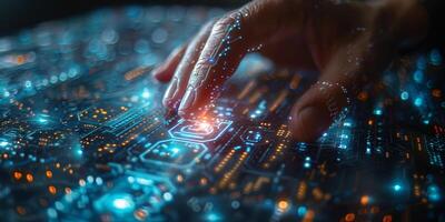 A close up image showing a persons hand making contact with a circuit board photo