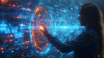 A futuristic screen is being touched by a woman using her finger photo