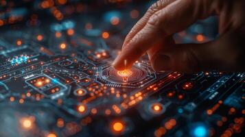 A persons hand pressing a button on a motherboard photo